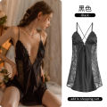 Justtoi. Summer Nightdress Pajamas Women Sexy Front Open Sling Home Dress Sexy Side Perspective Lace Nightgown with Chest Pad Female Nightwear Two-piece Set. 