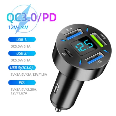 Kebidumei 150W PD Car Charger 4 Port USB Type C Display Voltage Fast Charging Adapter