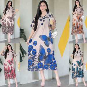 Daster Fuji Cream Motif Kupu Terbaru 2025 / Dress Rayon Ibu Muda Style Simpel Lengan Pendek