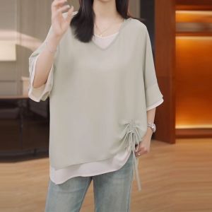 DSF Studio Europe Station seven-quarter-sleeved chiffon shirt large size womens clothing covering meat and hips loose breathable shirt 2026 summer new