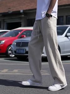 Women Ladies Summer Thin Linen Pants Ice Cool Cotton and Linen Pants Straight Cut Loose Fitting Casual Pants