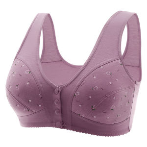 OK Bra Printed Thin Front Buckle Non-wired Underwear Womens Soft Cotton Vest Plus Size Womens Middle-aged and Elderly Mothers Bra