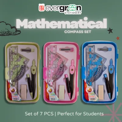 [SG] 7-Piece Mathematical Compass Set – 3 Colors (Green Blue Pink) [Evergreen Stationery]