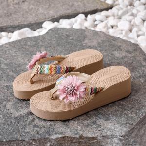 [Free Shipping] Ethnic-style faux rope travel espadrille sandals Korean fashion outdoor floral flip-flops high-heeled beach sandals for women