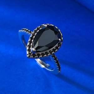 New 925 Silver Pear-shaped Water Drop Ring for Women Vintage Simple Ring Black Spinel