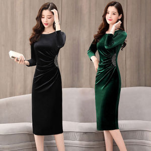 Womens Dress Autumn New Long-sleeved Gold Velvet Cheongsam Dress Autumn and Winter Improved Version Dress Female Banquet Temperament Bag Hip M-3XL