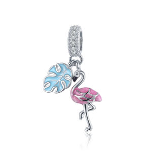 BAMOER Summer New Pink Enamel Flamingo Pendant Charms for 3mm Snake Bracelet or Necklace 925 Sterling Silver BSC277