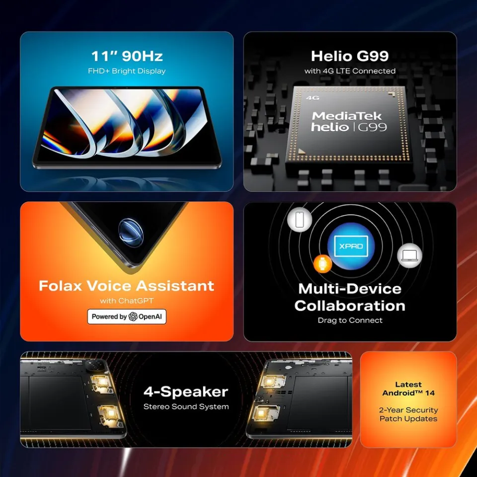 Infinix XPAD Tablet | 4GB+128GB/4GB+256GB Wi-Fi / 8GB+256GB Wi-Fi + LTE | MTK Helio G99 | 11” FHD+ 90Hz FullView Display | 8MP Rear Camera | 7000mAh Battery w/ 18W Wired Charge