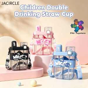 JACIRCLE Childrens Double Straw Large-Capacity Water Cup Portable Childrens Water Bottle for Students&Kids