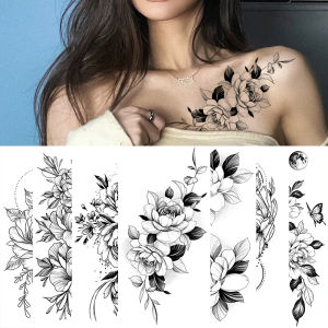 HBESTY Sketch Flowers Sketch Tattoo Rose Blossoms Black and White Flowers Temporary Tattoos Sticker size: