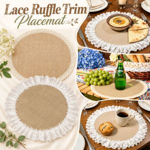 MODERNLUX Lace Trim Jute Placemat Rustic Style Round Table Mat Vintage Look Ruffle Edge Coaster Table Decor