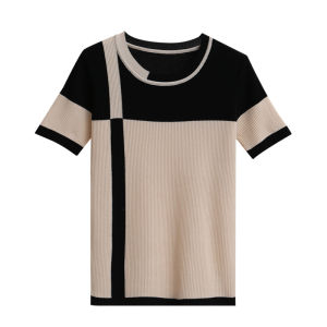 Summer T-shirt Womens Short Sleeve Knit Sweater Round Neck Color-blocking Ice Silk Fashion Thin Korean Tops