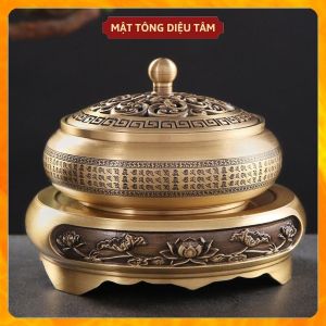 Lư đồng xông trầm đốt trầm khắc lục tự chân ngôn thay cho lư điện - tặng hồ lô đồng và lót chống cháy
