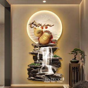 Tranh treo tường đèn led bình hồ lô vàng và thác nước hùng vĩ uv kèm đinh treo