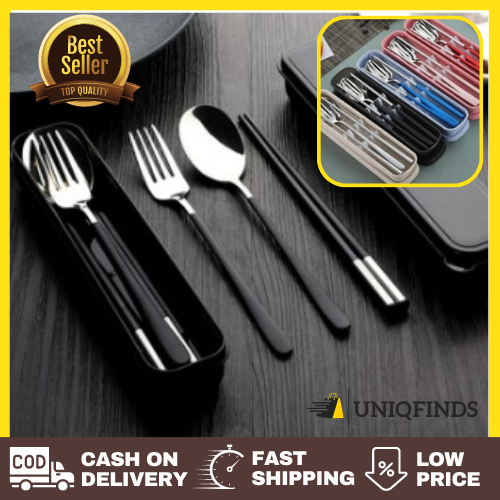 UniqFinds 3in1 Portable Stainless Cutlery Set with Box Camping
