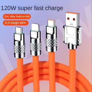120W 6A 3 in 1 Super Fast Charge Type C Liquid Silicone Cable Quick Charge Micro USB Cable