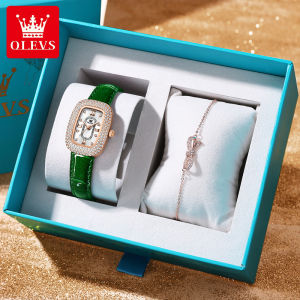OLEVS Watch Set for Women Orignal Waterproof Tonneau-shaped Dial with Diamonds Leather strap Luminous with Bracelet Box