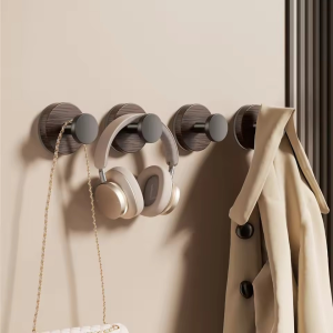 Creamy Style Solid Wood Hook Wall Mounted Natural Walnut Single Hook Round Design Metal Pothook No Drilling Hook Decor Organizer