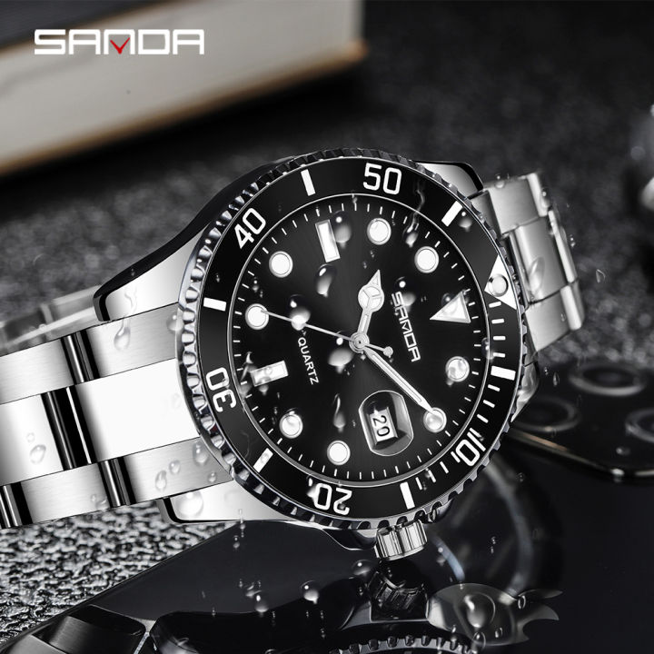 SANDA 1099 Men's Quartz Watch Luxury Fashion Green Date Pointer with Stainless Steel Strap Wristwatches for Male Watches