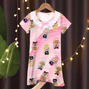 Labubu childrens dress cotton cartoon nightgown cute princess pajamas Baju Tidur Budak Gaun Kanak-Kanak Comel