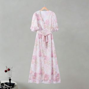 Elegant Womens Dress O-neck Short Sleeve Print Flower Female Long Dresses 2026 Summer New Chic Fashion Holiday Lady Party Robe2026
