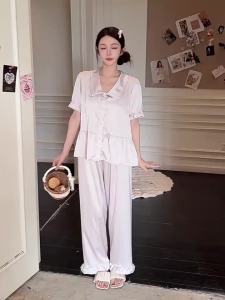 夏季新款冰丝睡衣女荷叶边韩版娃娃领甜美风薄款家居服套装可外穿