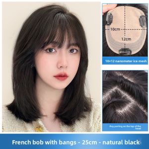 10*12-25cm 100% Human Hair Topper Black & Mocha Brown Breathable Lightweight Hair Piece Cover White Hair Add Volume For Women