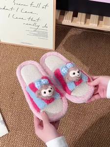 WomenS Linen Slippers With Cartoon Character Design Color-Block New Spring/Summer Style Silent Non-Slip Breathable One-Strap Slippers For Home Use