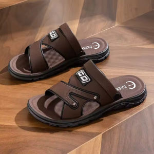 Sandal Slide Pria Kulit Asli Motif Geometris Warna Krem Size EU:38-43