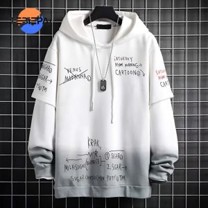 Mens hoodie casual student loose and versatile handsome trend gradient color fake two pieces of Korean hoodie top long sleeve t shirt men