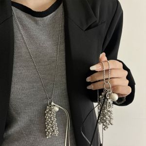 ELIN สไตล์เก๋ๆ สร้อยคอองุ่นลูกปัด เหล็กไททาเนียม ง่ายๆ สร้อยคอโลหะสร้อยคอ สร้างสรรค์และสร้างสรรค์ พู่ PU สร้อยคอจี้ลูกปัด ผู้หญิงสาว