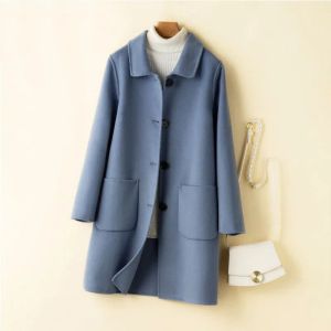 Reversible Tweed Coat Midlength Womens Large Pocket Handmade Pure Wool Tweed Cashmere Coat