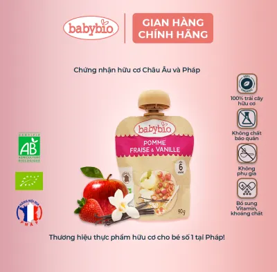 Trái cây nghiền hữu cơ cho bé Babybio 90g (từ 6 tháng tuổi) - Vị dâu táo vani