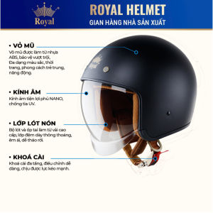 [ MÀU ĐEN NHÁM ] Mũ Bảo Hiểm 3/4 Royal M139 Trơn Kính Âm Chính Hãng Chống Chói Chống UV
