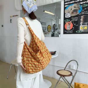 LANGJ หลากสี กระเป๋าโท้ตลายตาราง ย้อนยุค ลายตาราง กระเป๋าใต้แขนผ้าแคนวาส หลากหลาย ความจุขนาดใหญ่ กระเป๋าถือผู้หญิง งาน