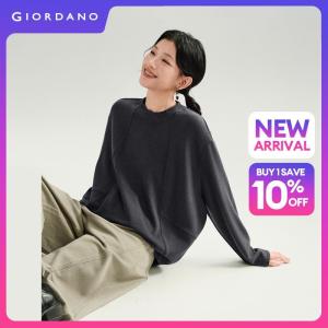 GIORDANO Women T-Shirts Seam Detail Dralon Fleece Tee Mock Neck Long Sleeve Fashionable Casual Loose T-Shirts 18326241