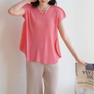 1402 Summer Miyake Pleated Loose Versatile Casual Belly-Covering Top T-Shirt One Size (45-75kg)