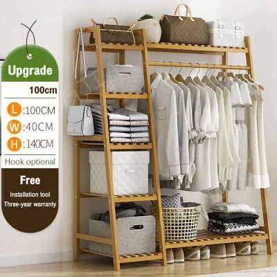 Bamboo Clothes Rack Rak Baju dan Topi Bambu Large-capacity Storage Hat Coat Rack Stand Cloth Wardrobe Cabinet Cloth Storage Cabinet 大容量衣帽架