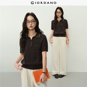 Giordano Women 【Online Exclusive】Patchwork plaid collared short-sleeved knit sweater with embroidered pockets Free Shipping 18356312