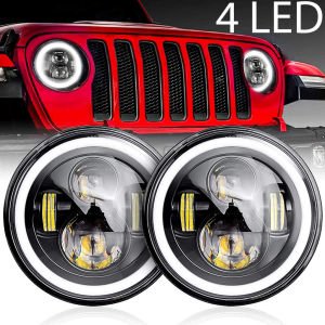 HOL Car Headlight 7 Inch H4 LED Car Light DRL Angle Eyes Ring Halo 12V 24V Hi/Lo Turn Signal for JEEP Wrangler JK TJ LJ CJ7 Lada Niva Offroad Beetle