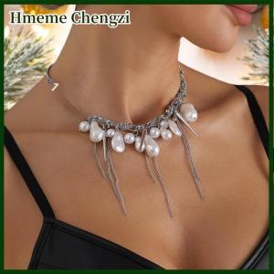 Hmeme Sweet Tassel Link Pendant Necklace Womens Metal Trendy Pearl Choker Chain Party Jewelry Gifts