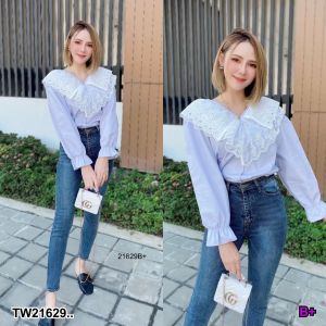 TW21629 เสื้อแขนยาว แต่งระบายลูกไม้รอบคอ คอวี ..