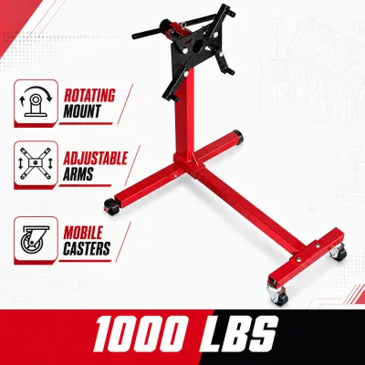 Heavy Duty Engine Stand with 360° Rotating Head Adjustable Arms Steel Frame and Caster Wheels