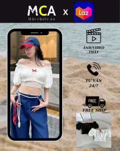 [ Video sp thực tế] Áo Croptop trễ vai tay phồng phối lót ren MCA đính nơ dễ thương A51327