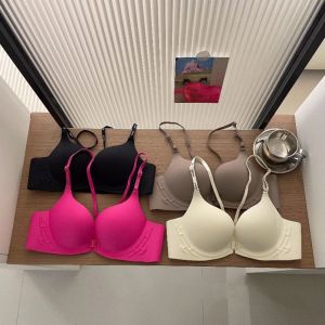 SEETE จดหมาย บราไร้สายแบบลึก V ปุ่มด้านหน้า แนบชิด บราไร้ตะเข็บสำหรับผู้หญิง รวบรวมหน้าอก ชุดชั้นใน ชุดชั้นในแบบดันทรง สาวๆ