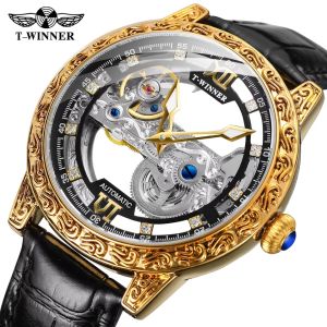 New WINNER Brand Gold Transparent Watch Luxury Mens Leather Skeleton Skeleton Mechanical Automatic Watch Fashion Men
