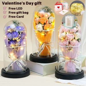 Artificial Rose Flower Bouquet Acrylic Cover Dome Eternal Bouquet LED Light Valentine Gift