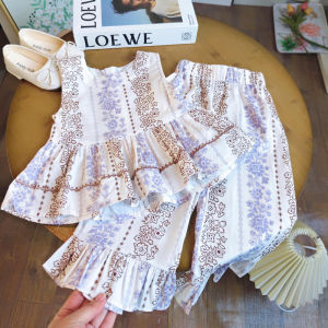 Bear Leader 3 to 7 Years Baby Girls Clothing Sets Summer Fashion Flower Printing Lace Sleeveless Tops and Wide Leg Pants 2 Pieces Clothes Sets for Kids Girls Casual Wear Outfits