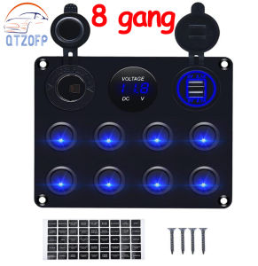 4/5/8 Gang 12V Blue Boat Switch Panel Waterproof Digital Voltmeter Dual USB Port Outlet Blue LED Combination Switch Panel