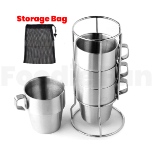 Camping Outdoor Double layer 201 stainless steel cup 4 in 1 with holder and storage bag heat insulation mug